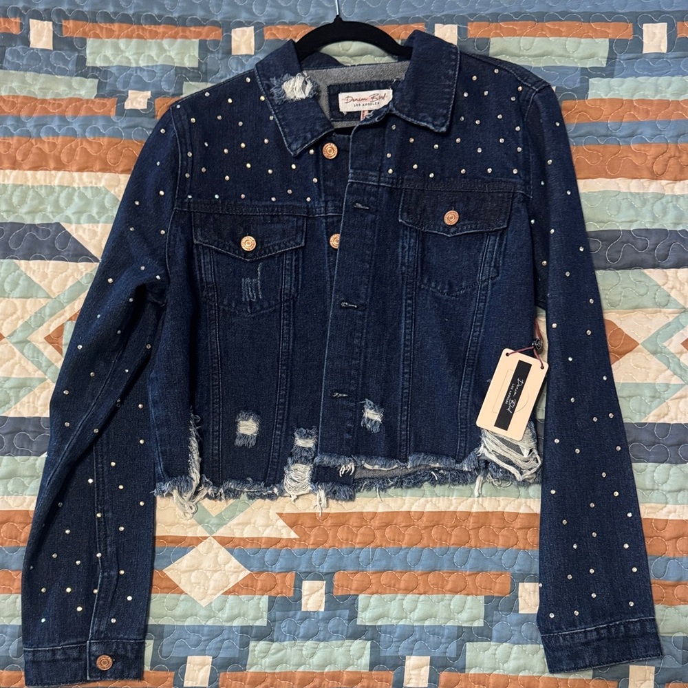 Dark Blue Denim Rhinestone-Studded Cropped Jean Jacket